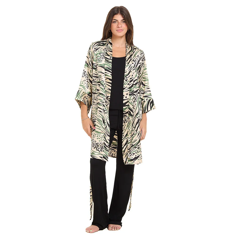 Women summer 3 piece pajama set  Mint Cheetah pattern kimono   Black top & Pants