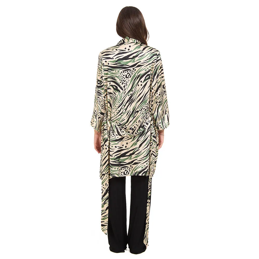 Women summer 3 piece pajama set  Mint Cheetah pattern kimono   Black top & Pants