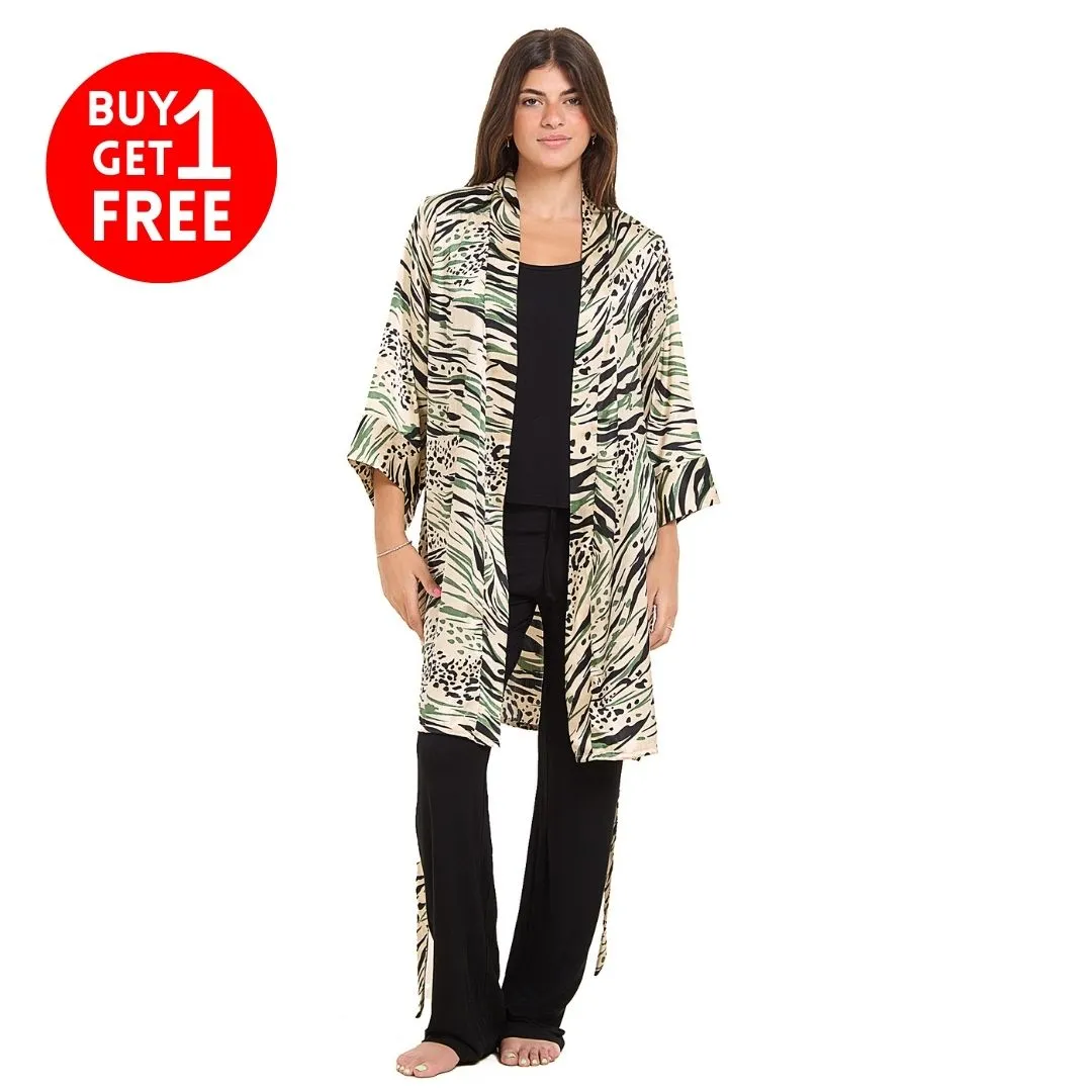 Women summer 3 piece pajama set  Mint Cheetah pattern kimono   Black top & Pants