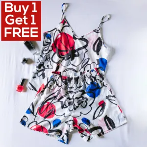 Women summer pajama set Abstract Red Pattern top   shorts
