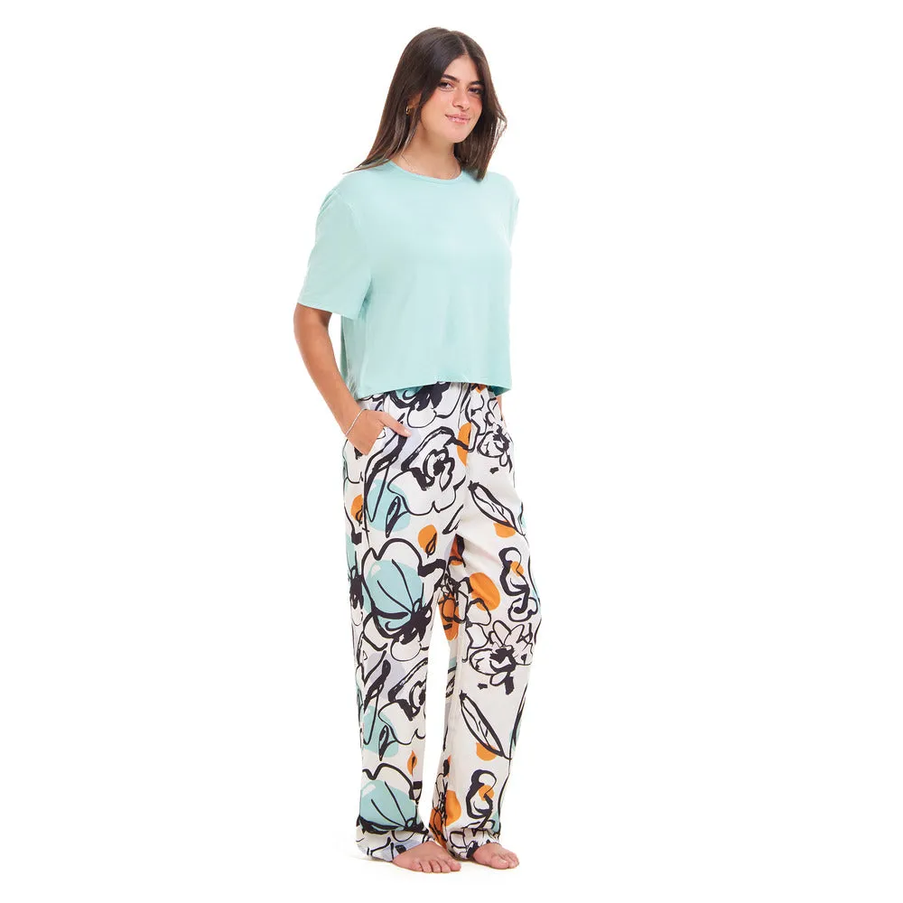 Women summer pajama set Baby Blue Cropped top   Mint Abstract Pattern pants