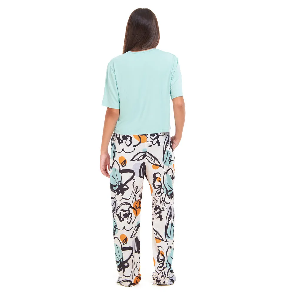 Women summer pajama set Baby Blue Cropped top   Mint Abstract Pattern pants