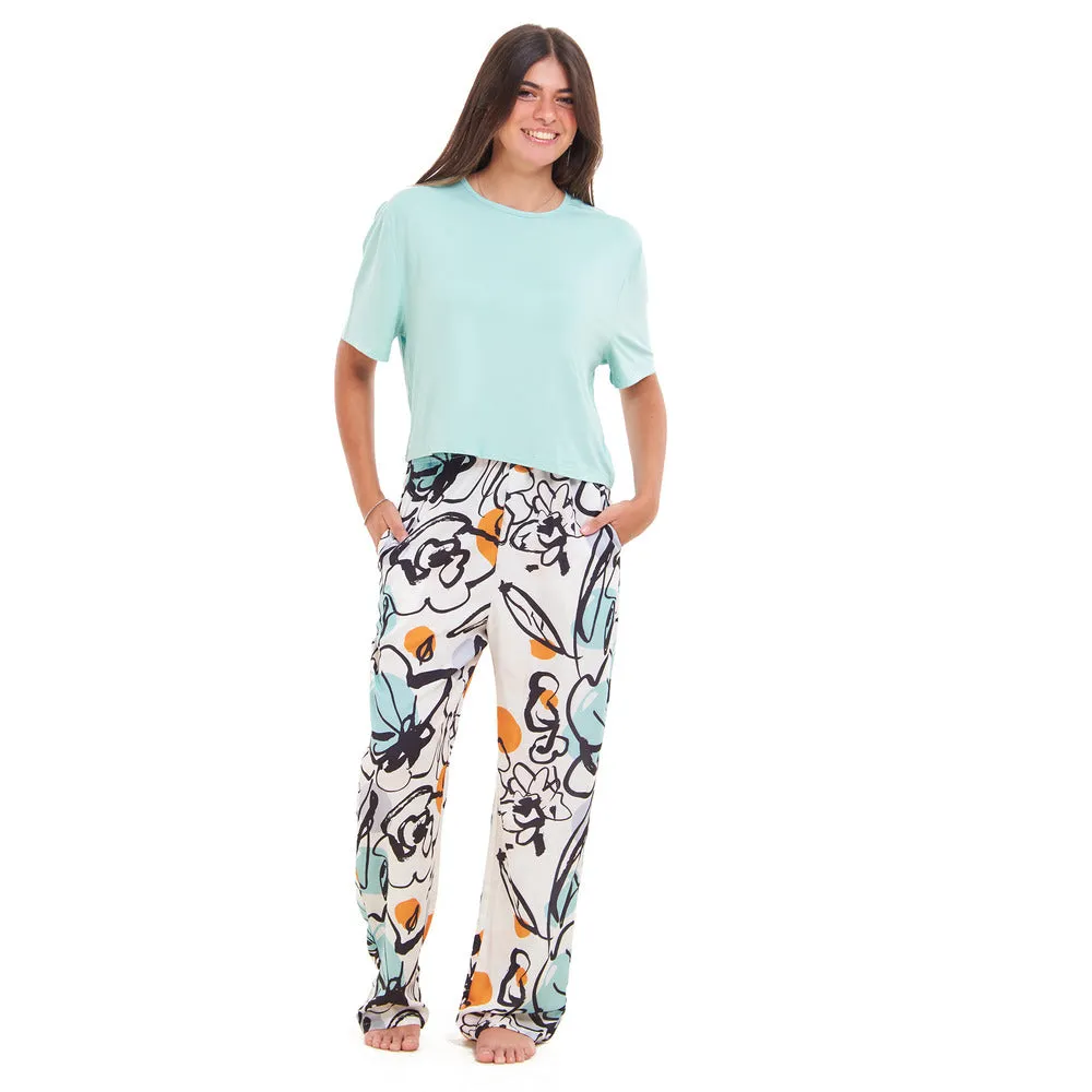 Women summer pajama set Baby Blue Cropped top   Mint Abstract Pattern pants