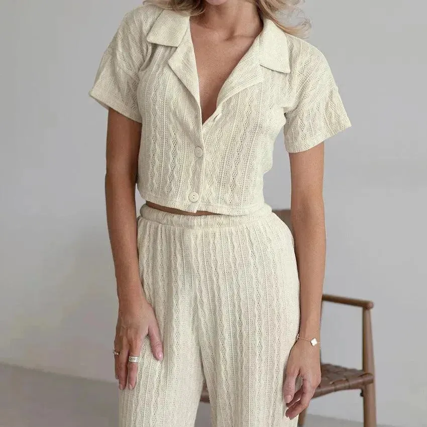 Women's Fashionable Simple Solid Color Short-sleeved Trousers Pajamas Two-piece Set